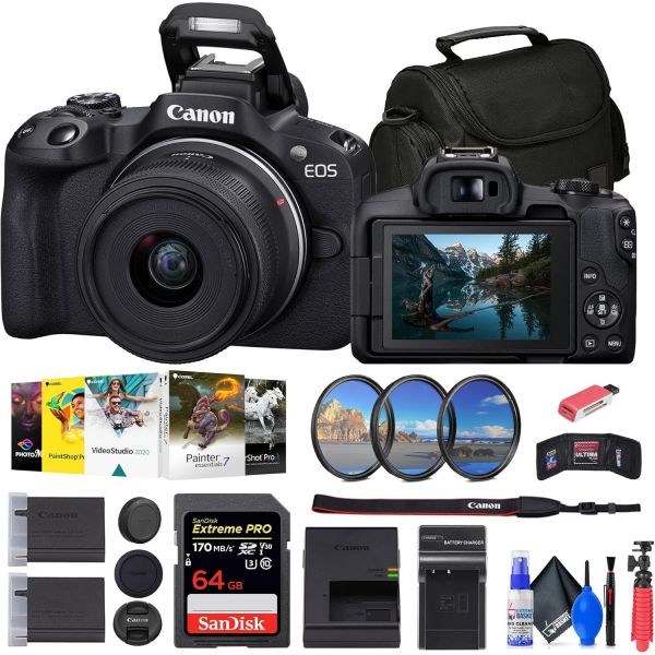 18-45mm 렌즈가 장착된 캐논 EOS R50 미러리스 카메라 블랙 5811C012 64GB 카드 필터 키트 코렐 사진 소프트웨어 가방 충전기 LPE17 배터리 리더 유연한 1,827,800원
