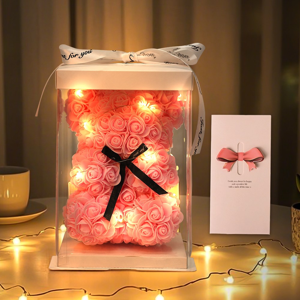 EVOKME 장미꽃곰돌이 로즈베어 장미곰돌이 플라워곰 led 조화 꽃다발 기념일 생일 결혼 신혼 선물 인테리어조화, 현재가 24,150원