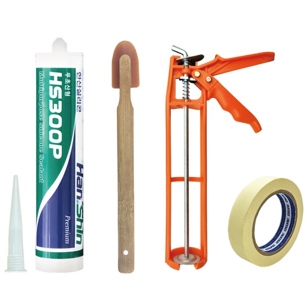 한신 다용도 무초산 실리콘 백색+플라스틱 건+헤라+마스킹테이프 13,000원