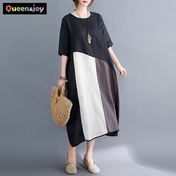 퀸앤조이 오르간 배색 린넨 루즈핏 반팔 롱원피스***판매자 SSK무역*** 37,800원