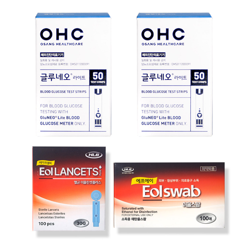 글루네오 라이트 혈당시험지 100매 + 알콜솜100매+채혈침100개, 1세트 23,000원