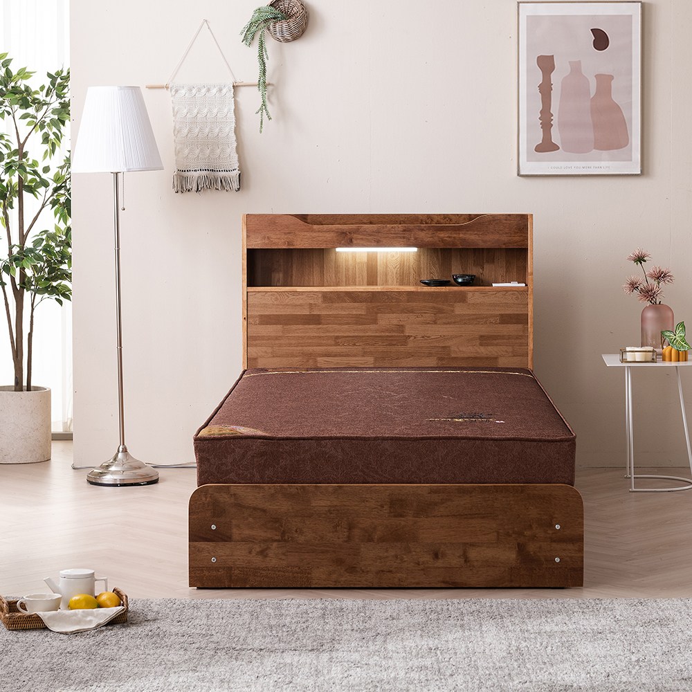 세계로가구 국내생산 안젤라 LED조명 고무나무 원목 수납형 침대 프레임 슈퍼싱글/퀸 352,000원