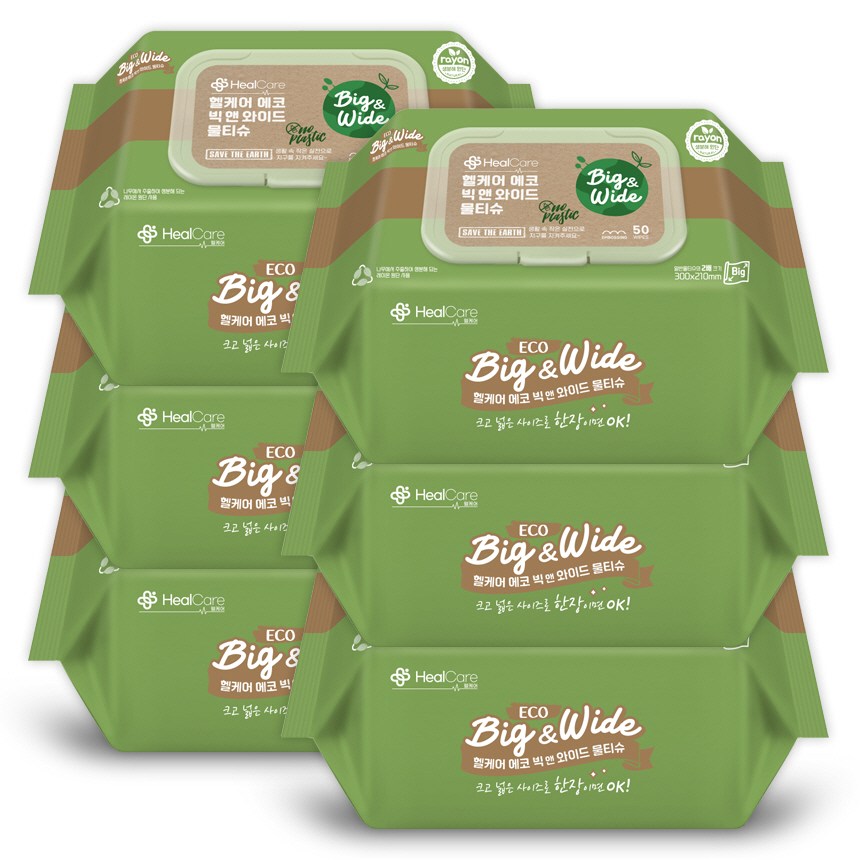 헬케어 생분해 에코 빅앤와이드 물티슈 캡형 레이온 엠보 2배크기 대형원단 빅사이즈 아기물티슈, 6개, 50매, 60g, 현재가 13,000원
