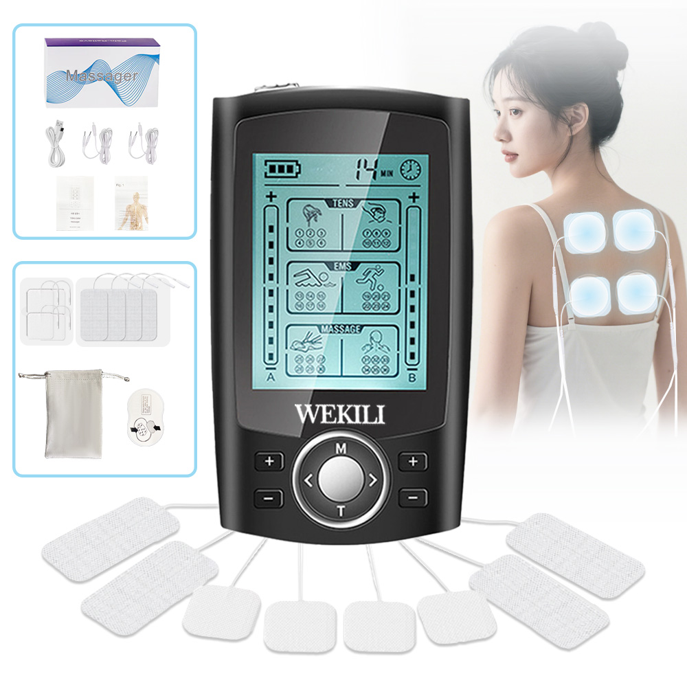 WEKILI 저주파 마사지기 36가지 모드 듀얼 채널 TENS EMS 마사지 전신 안마기 충전식 휴대용 파우치 전용 겔패드 패키지, 블랙 36,000원