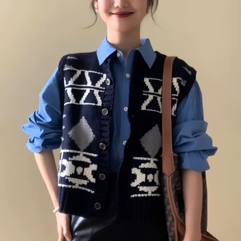 여자 레이어드 니트 조끼 베스트 아메카지 감성 패턴 루즈핏, 현재가 20,900원