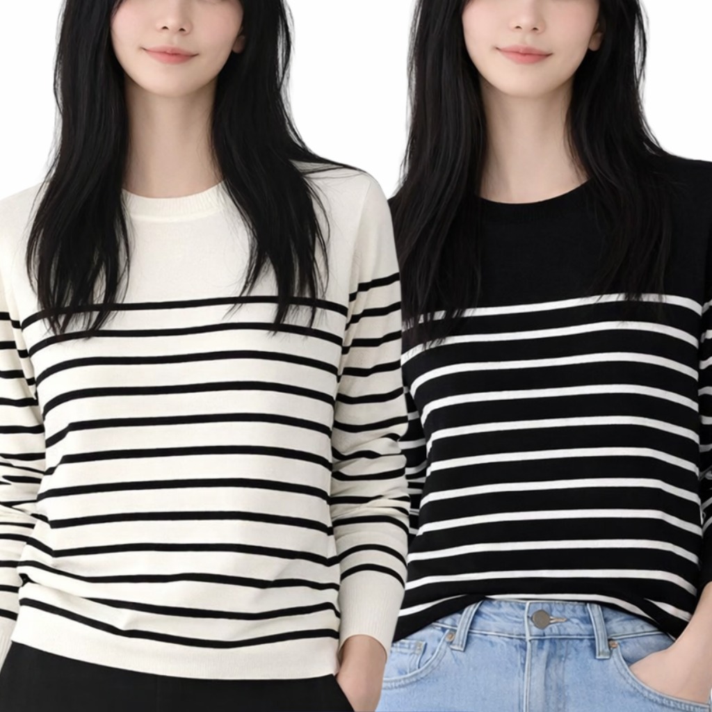 민채앤코 여성 봄 라운드넥 스트라이프 긴팔 단가라 니트 티셔츠 2종 세트 36,800원