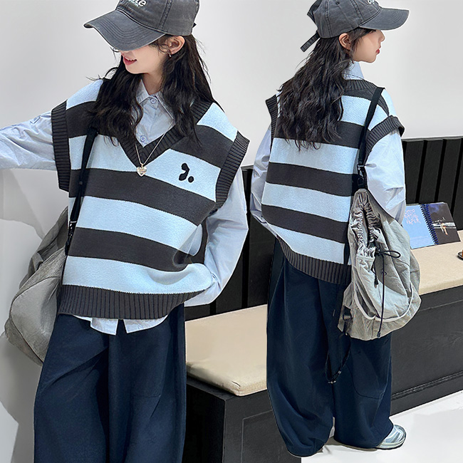 비비키드 신상 셔츠 스트라이프 니트조끼 쓰리피스 주니어 상의 초등생 하의 세트 여아 봄 가을 세트 초중생 긴팔 와이드 긴바지 초등생 상하세트 (77720) 52,800원