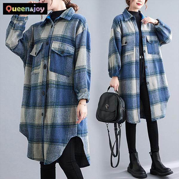 퀸앤조이 블루 타탄체크 도톰 롱 남방 셔츠 68,800원