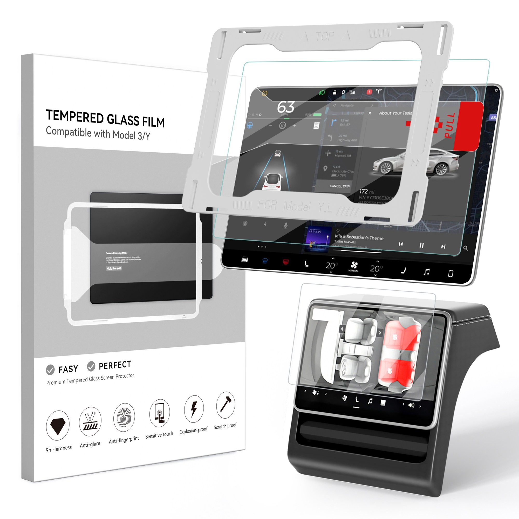 SUMK 테슬라 모델y 주니퍼/모델3 하이랜드 전용 전후석 강화유리 액정보호필름 세트 (눈부심/지문방지), 16인치 모델Y 주니퍼(2026.1.20이후 주문), 1GB 31,500원