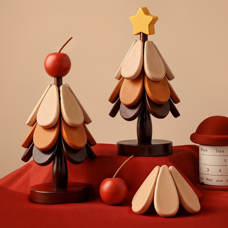 [CYLIFE] 주방인테리어 원목 크리스마스 트리 접이식 단열 패드 19cm빅사이즈원목 단열 우드냄비받침 컵받침 공간절약 트리형 원목 냄비받침 집들이선물, 애플-3단（펼친사이즈:19cm） 9,900원
