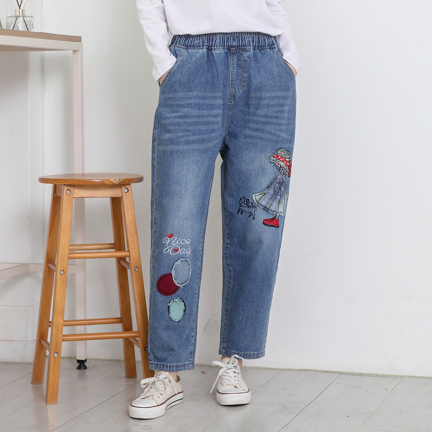 사입자몰 니슈청바지 밴딩 배기 데님 팬츠 봄 가을 와이드 통바지 일자 스판 면바지 여성 미시 20,900원