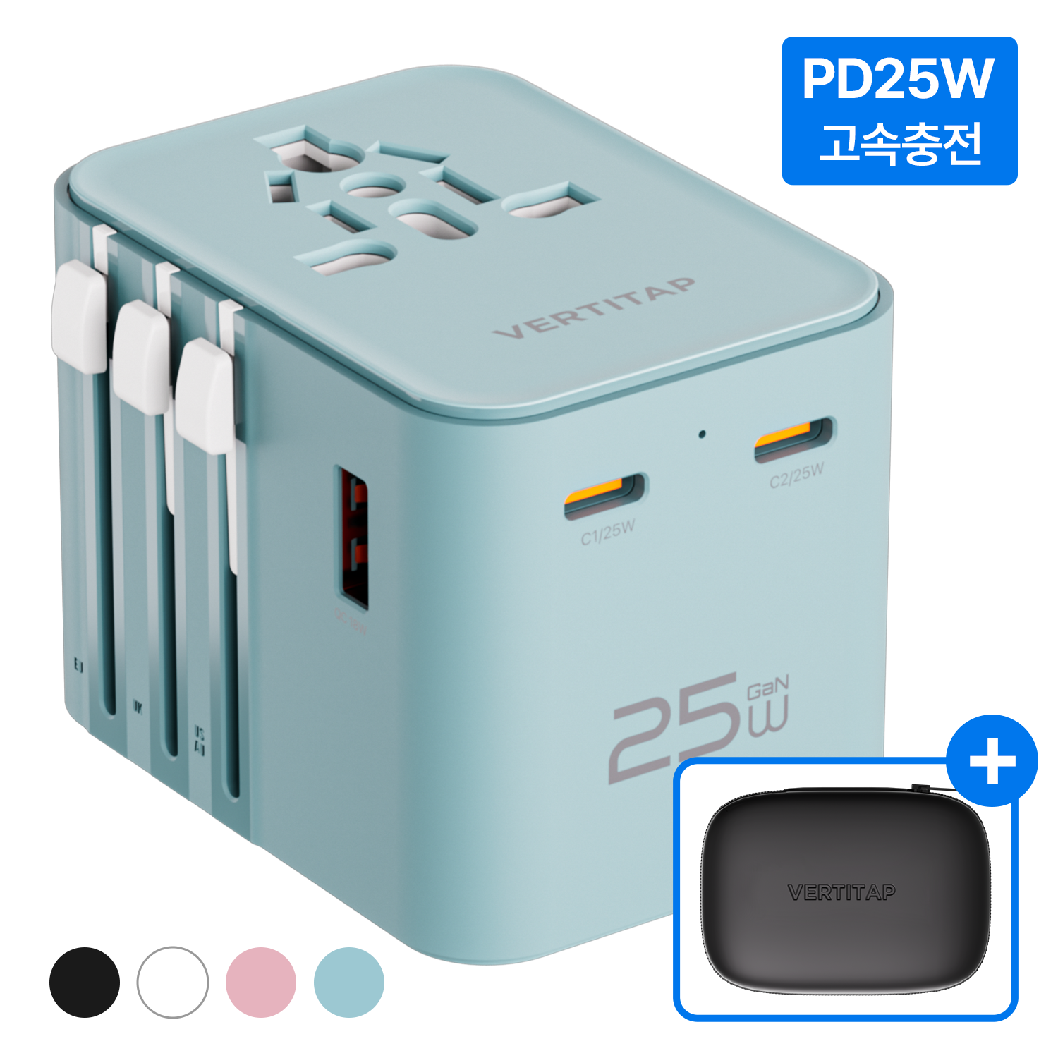 버티탭 트레블러 에어 PD 25W 멀티 어댑터 해외 전세계 여행용 멀티탭 usb 콘센트 플러그 돼지코 일본 베트남 중국 홍콩 태국 대만 필리핀 미국 유럽, 1개, 블루 18,900원