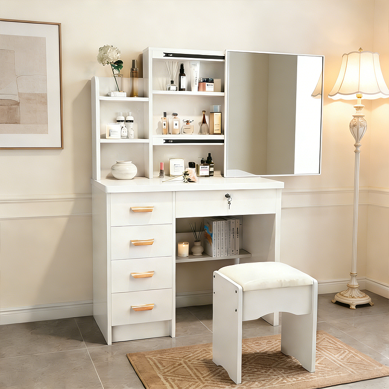 다기능 화장대 안방 침실용 수납형 화장대 일반화장대 미닫이 거울 화장대+스툴 세트, 하얀색 80*35*130CM 147,000원