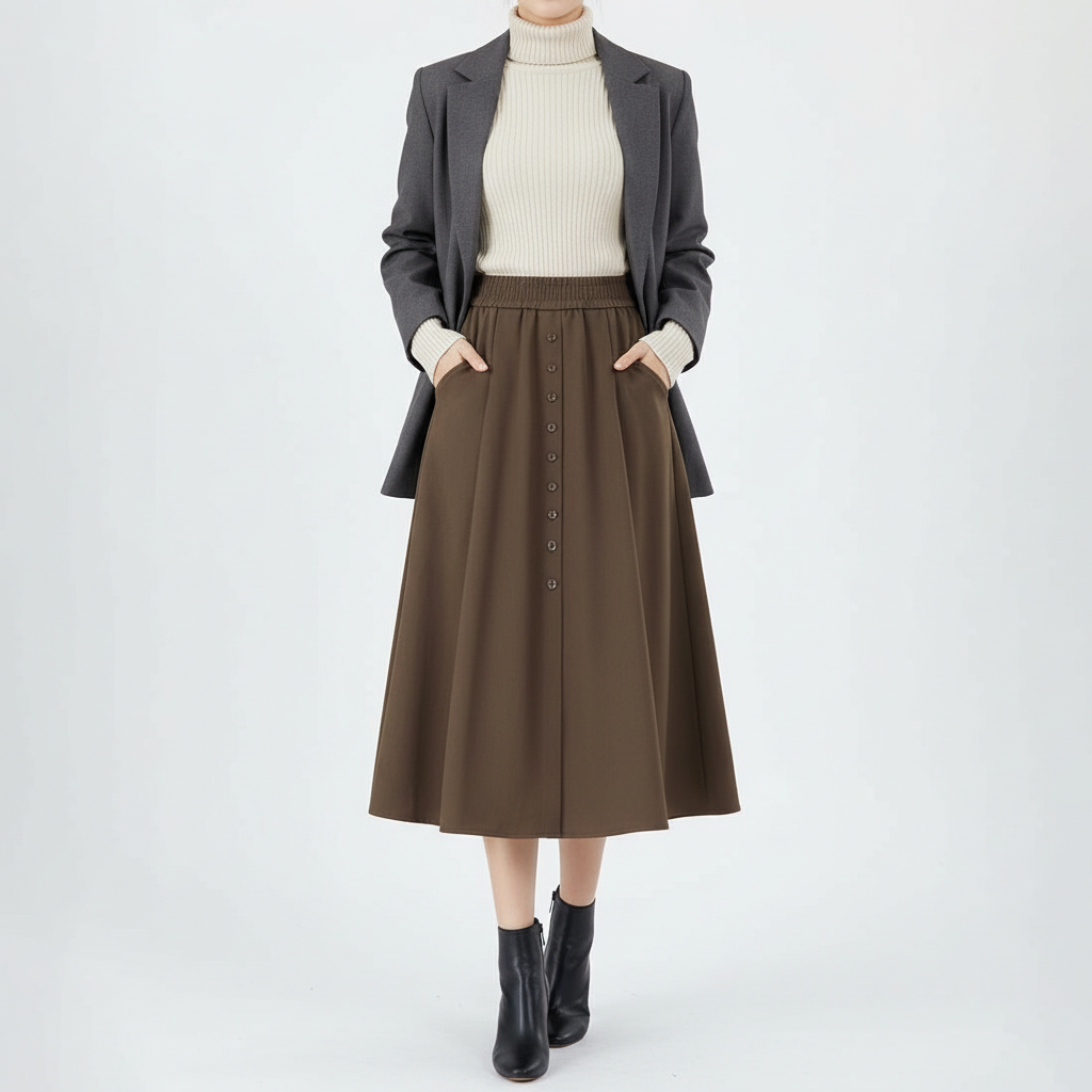 마켓피아 여성용 버튼 플리츠 롱 A라인 스커트 16,910원