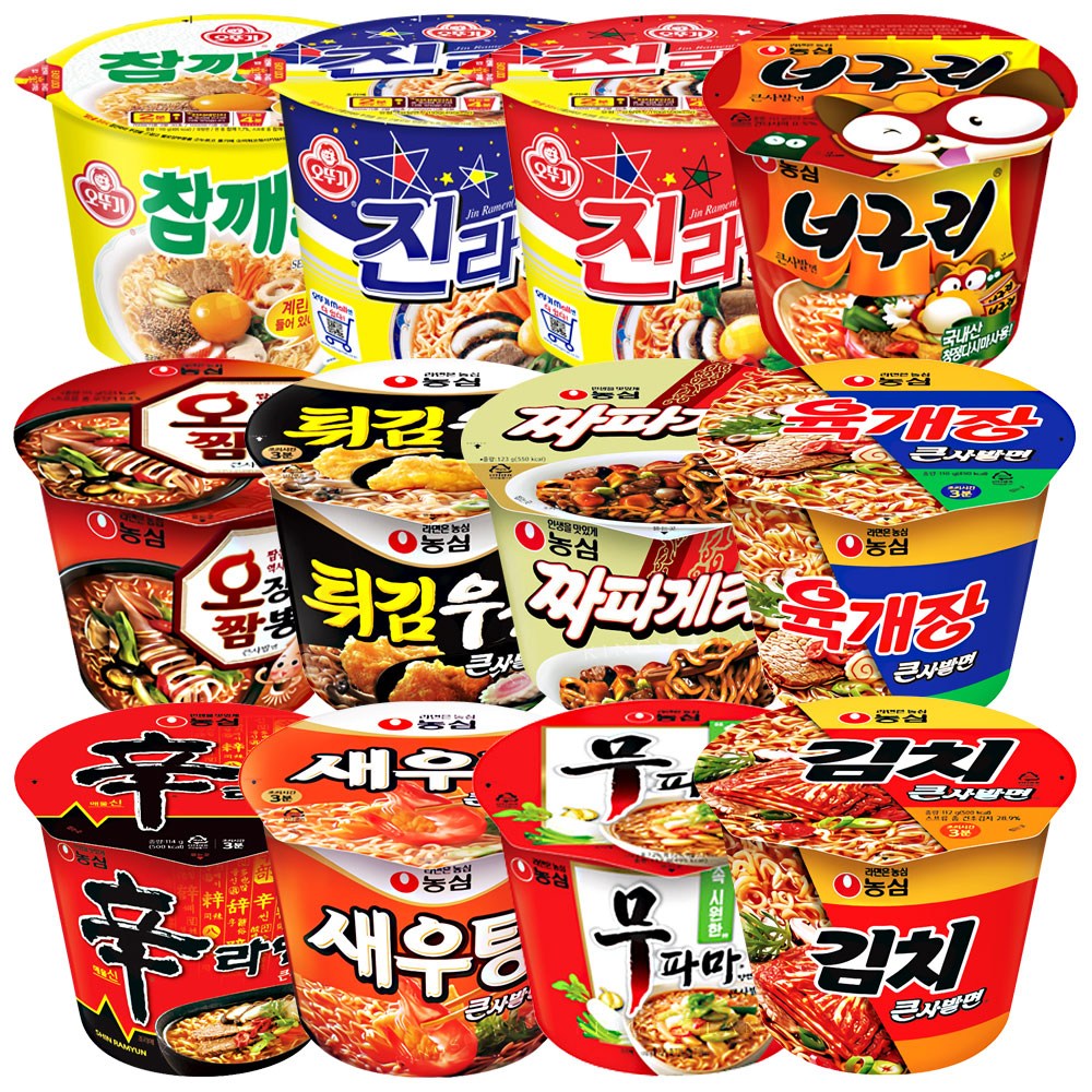 컵라면 큰컵 12종 (신라면+육개장+김치+무파마+새우탕+오징어짬뽕+튀김우동+짜파게티+너구리+진라면매운맛+진라면순한맛+참깨라면) 17,560원