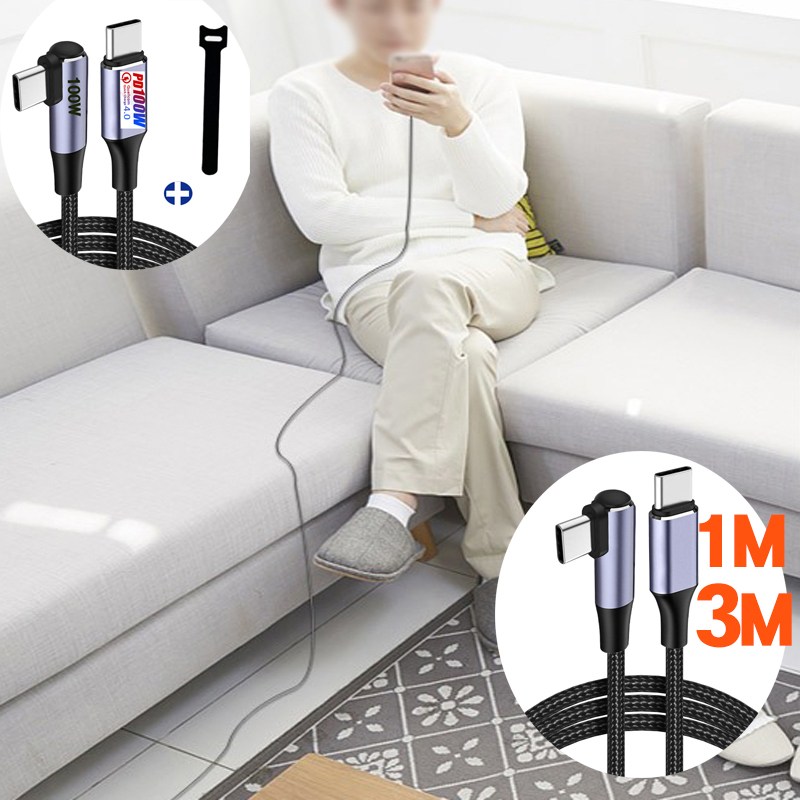 C타입 C핀 90도 직각 고속충전 케이블 100W 게이밍 침대 사용 꺾임방지 포트보호 노트북 태블릿 스마트폰 PD 충전선 2,900원
