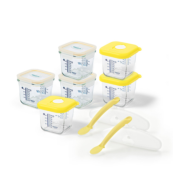글라스락 베이비 큰용량 눈금 이유식 용기 270ml 혼합 6조사면결착캡 270ml x 3p + 스마일캡 270ml x 3p & 온도감지 실리콘 스푼 2조 세트 46,100원