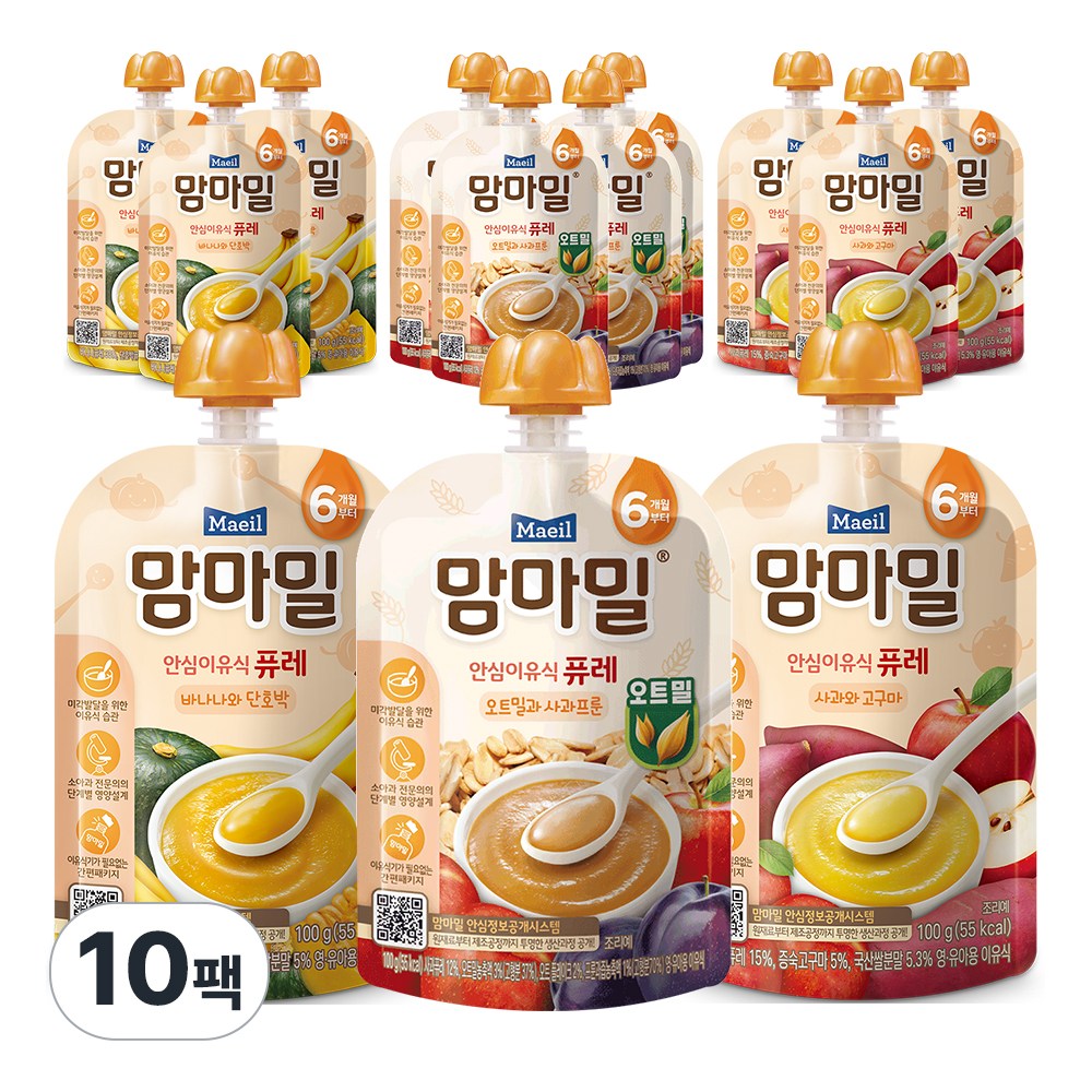 매일유업 맘마밀 6개월 퓨레 맛보기(오트밀사과프룬4+사과퓨레3+바나나퓨레3) 10팩 18,900원