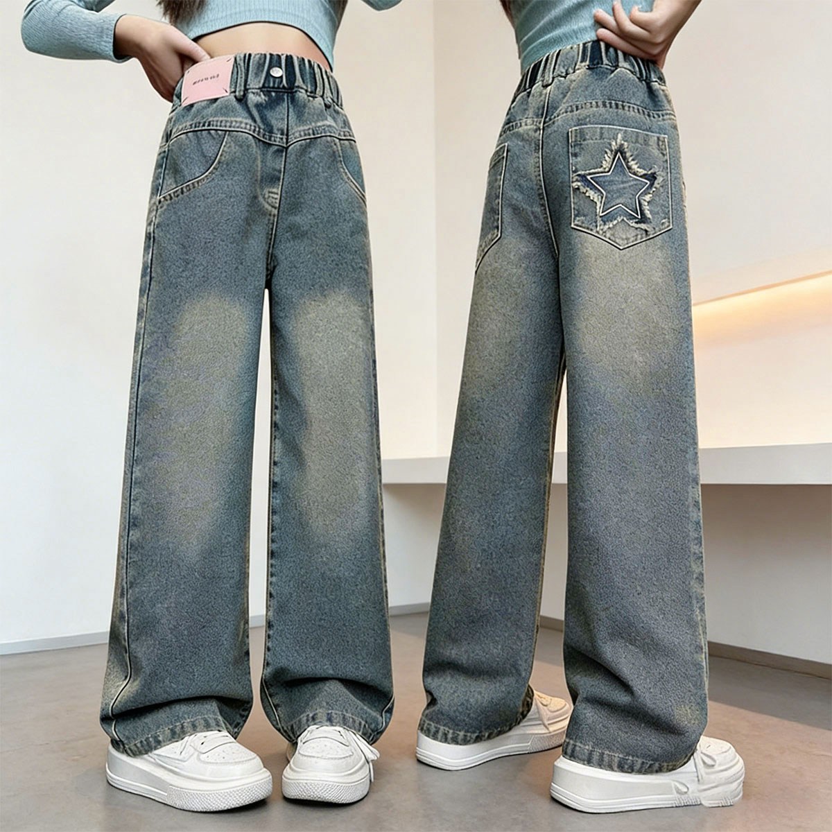 Tooliva 여아 청바지 주니어 와이드 데님팬츠 청소년 밴딩 통바지 워싱 스트레이트 27,800원