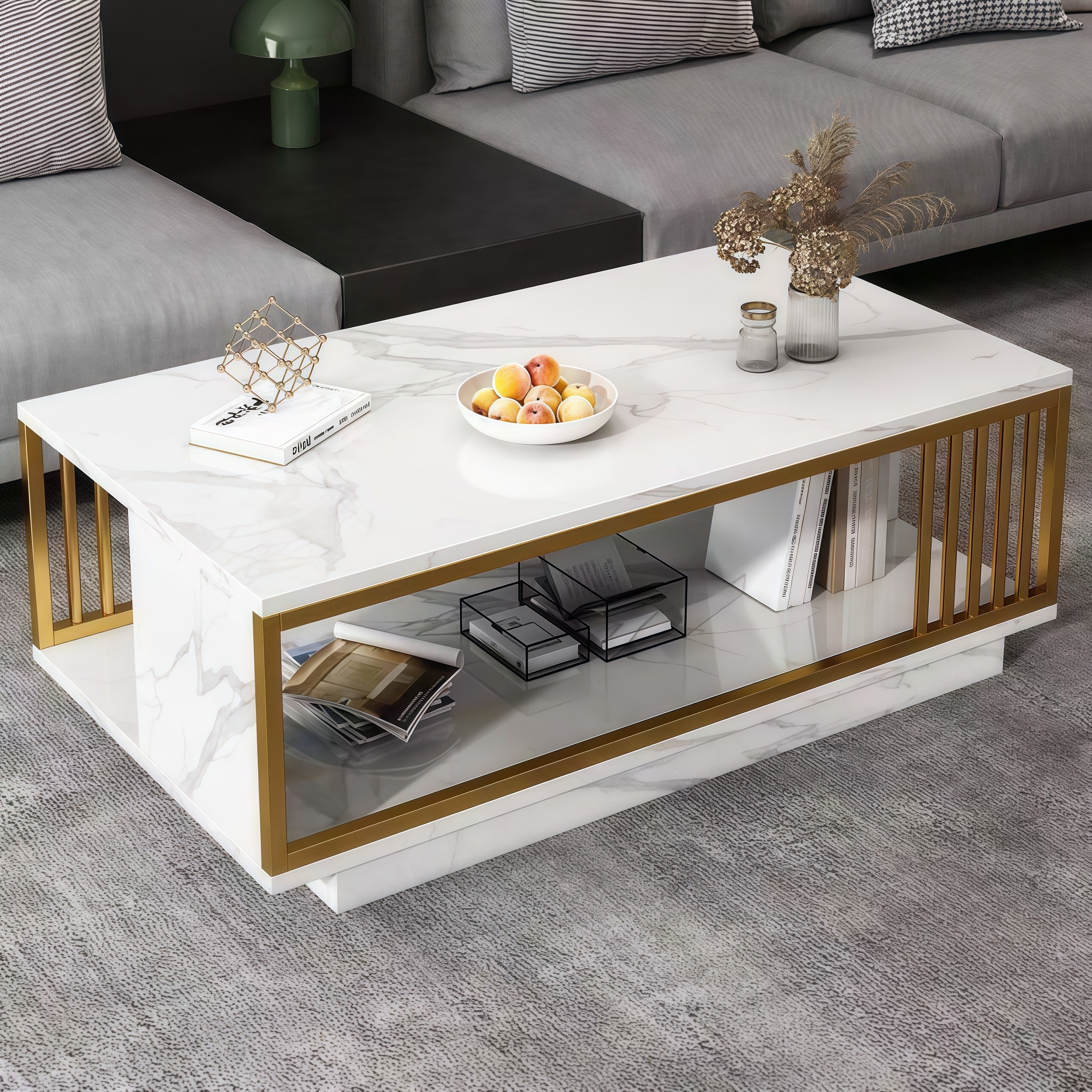 YAPOGI 심플 모던 가정용 대리석 무늬 2단 거실 티테이블 거실 테이블, 스타일 B 화이트 100×50×42cm 76,900원