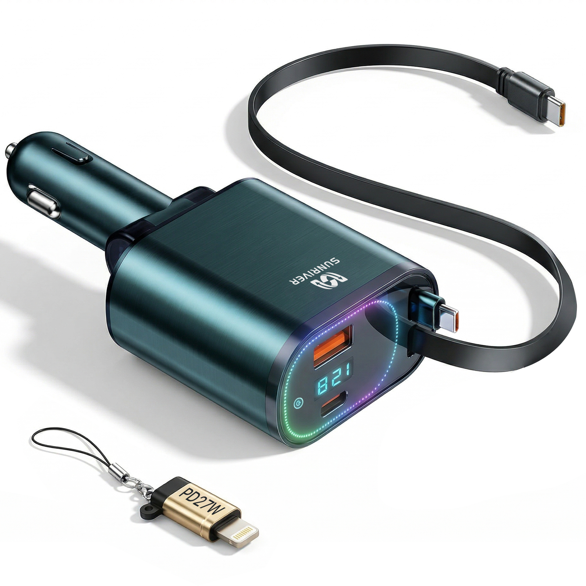 SUNRIVER 차량용 초고속 충전기 240W 3세대 4in1 C타입 2개 애플 변환 잰더 포함 PD USB 4대 동시 충전, 240W/앰레인보우 램프+C타입to애플 변환 젠더, 현재가 24,790원