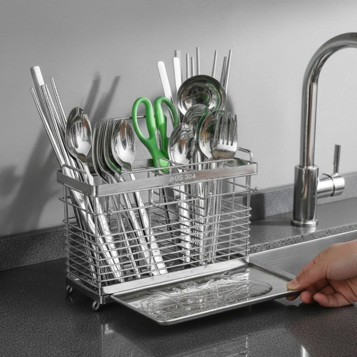 Maisonlala 주방 풀304 스텐3구 자동 물빠짐 수저통 수저꽂이, 1개, 실버 22,140원