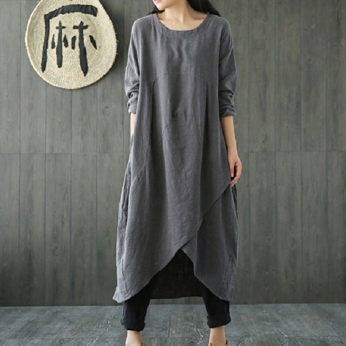 JUSTFEELING M-5XL 빅사이즈 여성복 면마 원피스 봄 가을 신상 문예 글래식 에스닉 루즈핏 긴팔원피스 마원피스 데일리 불규칙 엄마원피스 4050대 21,980원