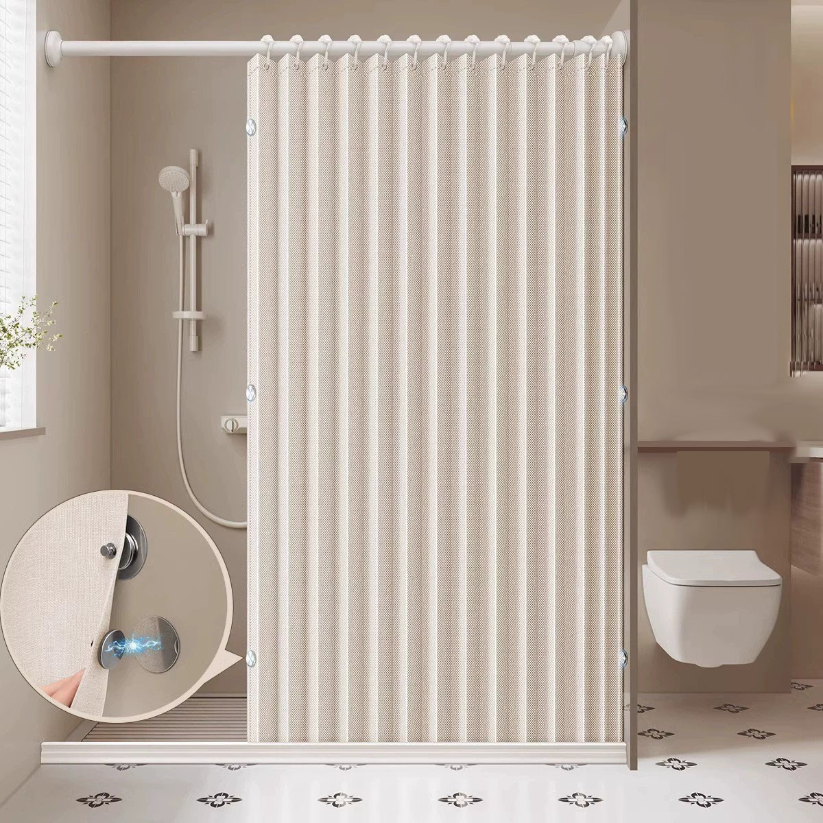 Norbei 욕실 샤워커튼 프리미엄 패브릭 방수 양측 자기흡인 건습분리 화장실 가림막 공간분리, 1개, 베이지 29,800원