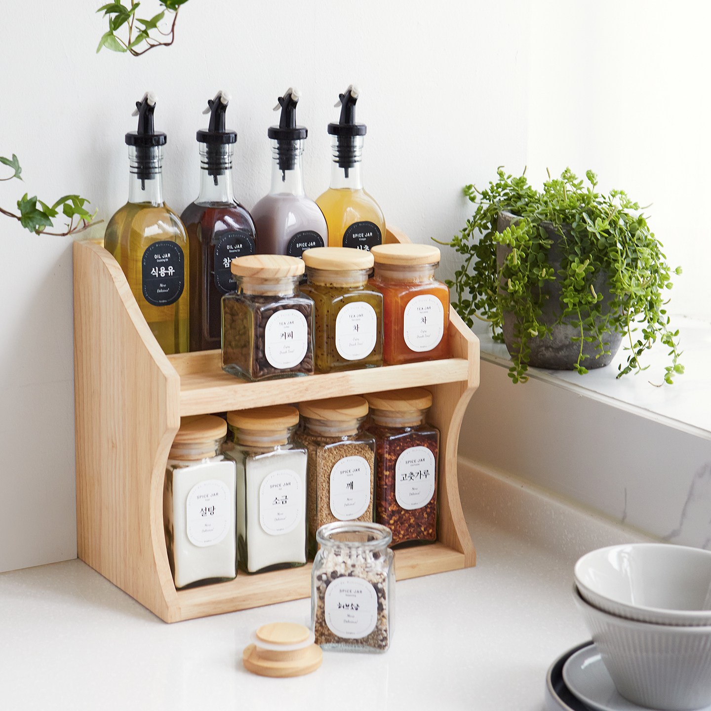 우디홈 양념통 세트 정리대 선반 우드 주방 유리 트라이탄 원목 소스병 그라인더 58,900원