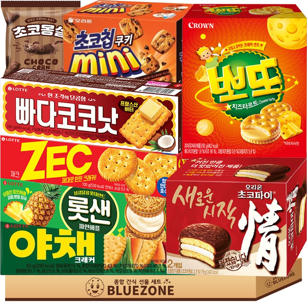 [블루존] 롯데 오리온 인기 곽과자 세트 빠다코코낫 롯데샌드 야채크래커 제크 초코파이 초코칩쿠키 미니 뽀또 초코몽실, 1박스, 혼합 13,600원