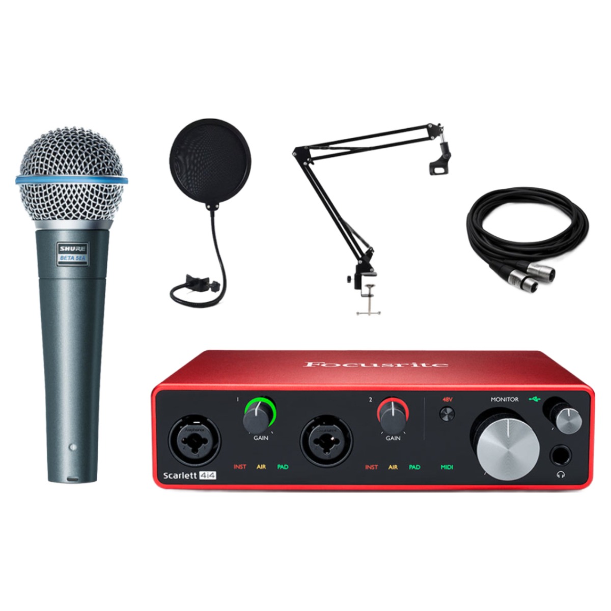 포커스라이트 스칼렛 4i4 슈어 SHURE BETA58A 다이나믹 마이크 관절 스탠드 패키지 665,000원