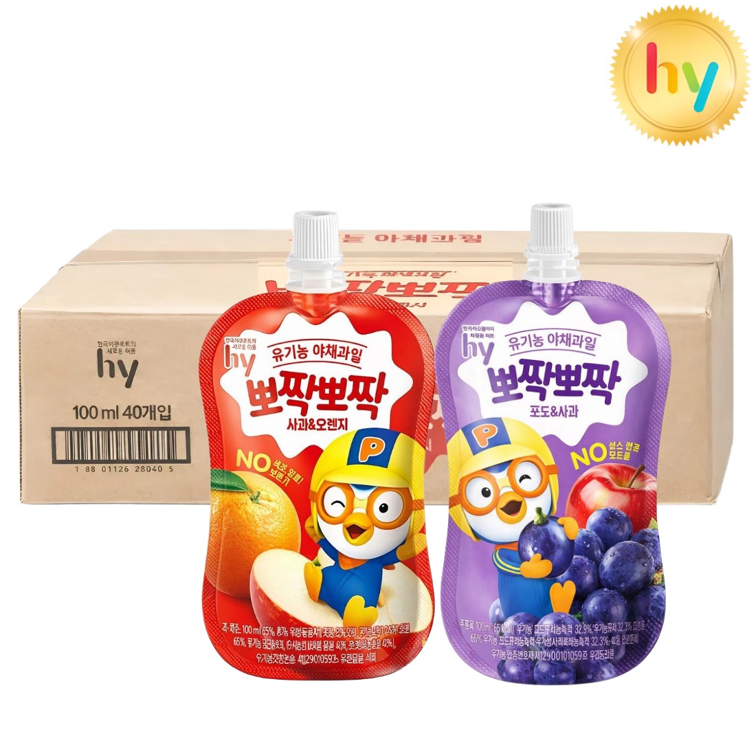 hy 뽀로로 뽀짝뽀짝 유기농주스 2가지맛 100ml(사과오렌지20+포도사과20) 총40입, 40개, 100ml 37,000원