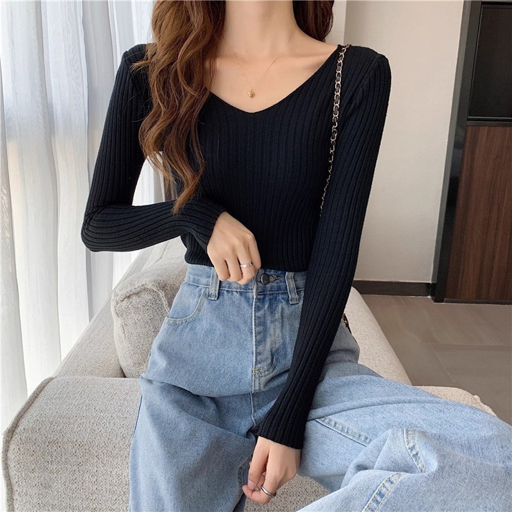 TLB V 여성 브이넥 골지 니트 티셔츠 봄가을 슬림핏 긴팔 이너 12,900원