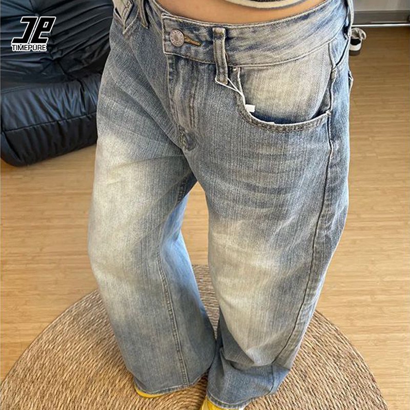 TIMEPURE 여성용 빈티지 워싱 하이웨이스트 세미 플레어 와이드 데님 팬츠 루즈핏 청바지 33,000원