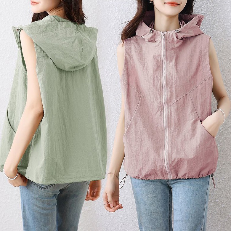 여성 후드 민소매 베스트 조끼 데일리 캐주얼 얇은 조끼 지퍼 자켓 아우터 봄 여름 간절기 바람막이 24,900원