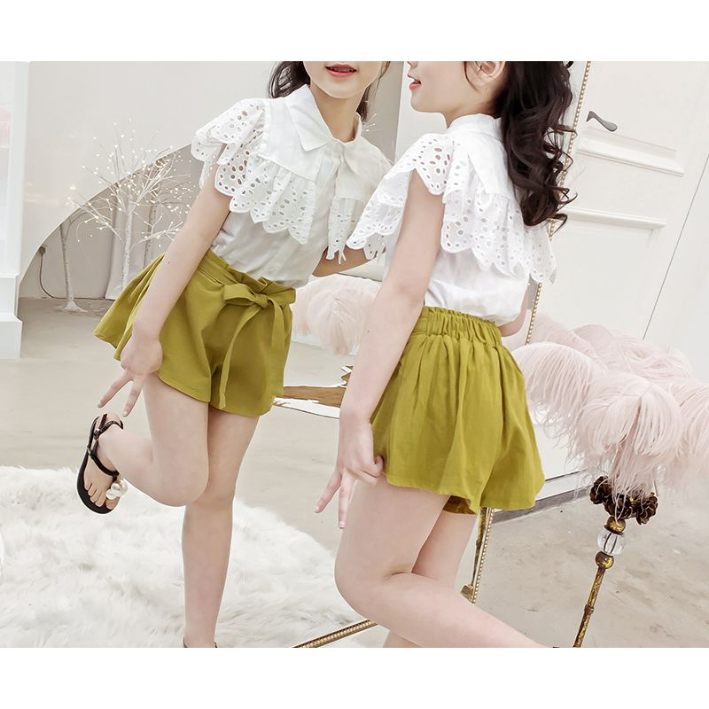 해피유통어린이 여름 레이스 카라 반팔 세트 조절 가능한 허리 반바지14세 이상 XG03 21,760원