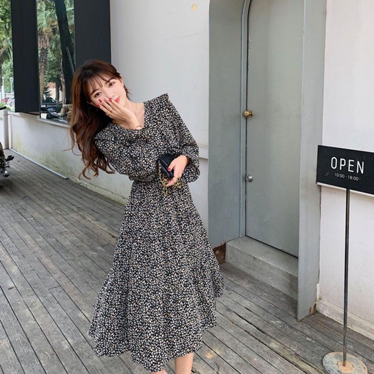 프릴 플라워 여성 쉬폰 롱 원피스 봄 가을 데이트룩 70,300원