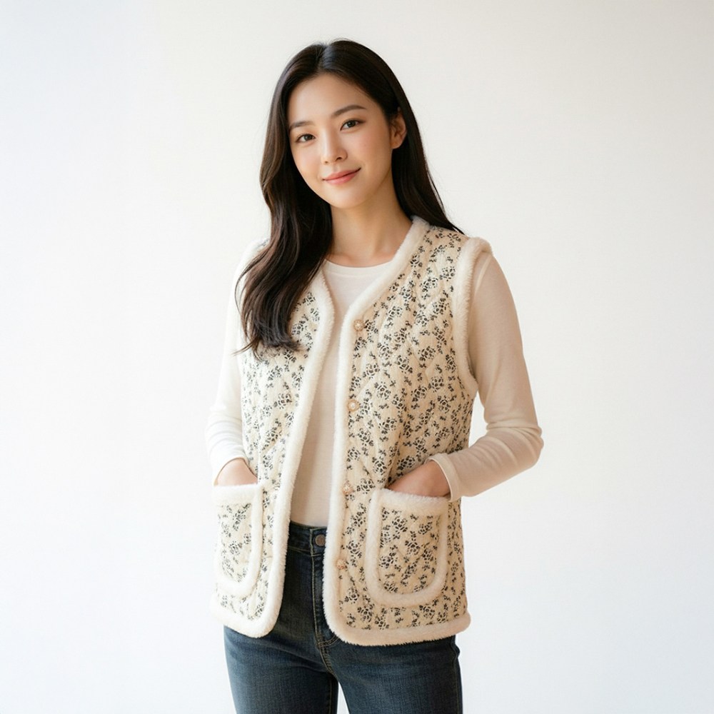 메종드리빙 신상 보송보송 꽃무늬 따뜻한 털안감 양털 누빔 촌캉스 할머니 김장조끼 30,000원