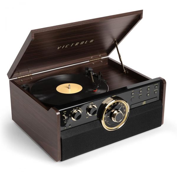 Victrola 빅트롤라 엠파이어 미드 센추리 6IN1 턴테이블 멀티미디어 센터 스피커 내장 3단 블루투스 라디오 카세트 CD RCA 출력 그레이 822,500원