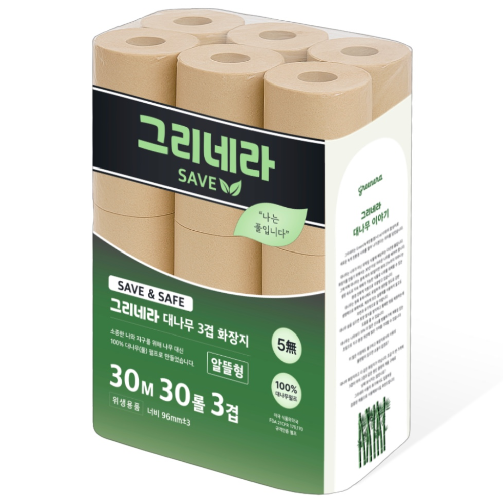 그리네라 save 알뜰형 먼지없는 깨끗한 무표백 무형광 뱀부 퓨어 대나무화장지 3겹 30M 30롤, 1개, 30롤, 30m 19,900원