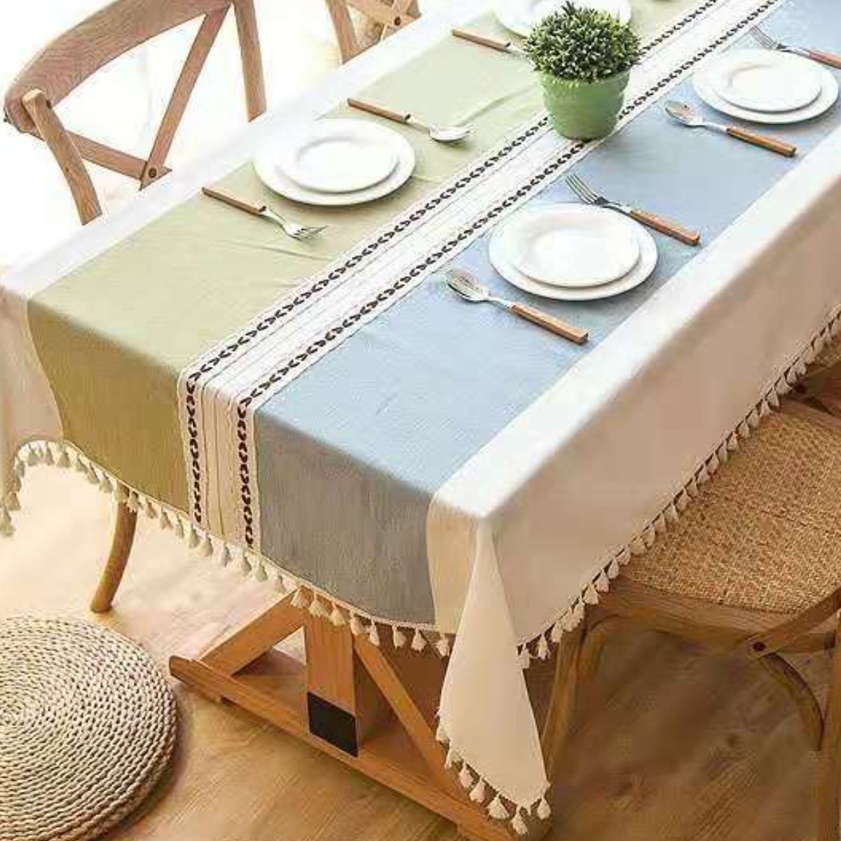[제이지하우스] 린넨 방수 식탁보, 투톤컬러(그린+블루), 6인 (140cm x 220cm) 32,900원