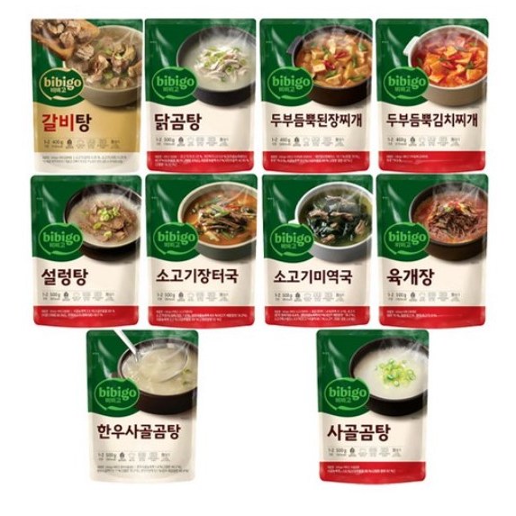 비비고 즉석국 탕 찌개 10종(갈비탕 + 소고기미역국 + 소고기무국 + 소고기장터국 + 콩나물황태국 + 육개장 + 사골곰탕 + 설렁탕 + 닭곰탕 + 된장찌개), 500g, 1세트 39,890원