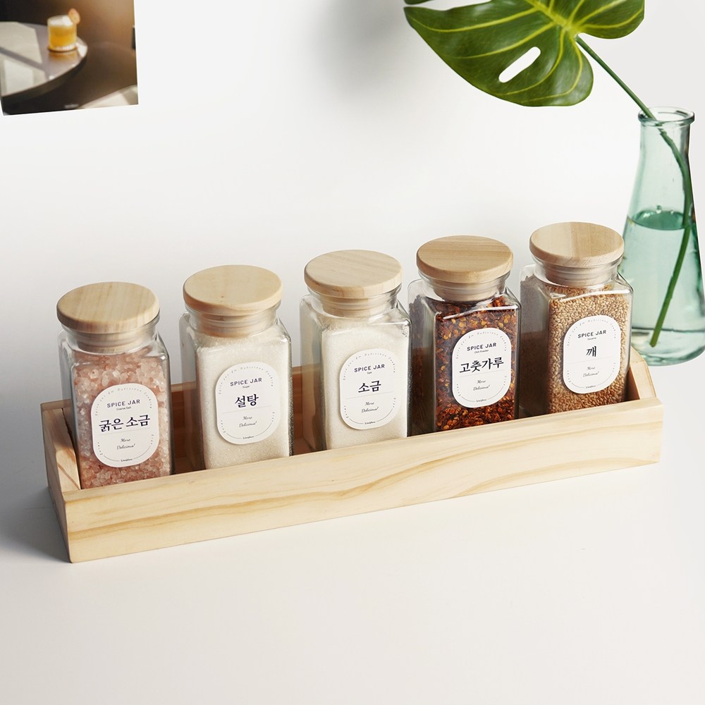 고운데코 양념통 세트 1단 원목 정리대 양념병 5P 밀폐 주방, 내추럴 선반 1P+사각유리 대5P+스티커1P, 1세트 29,900원