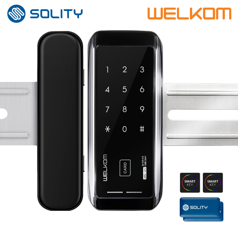 솔리티 웰콤 WG-20 카드키4개+번호키 강화유리문용 좌우수문인식(키패드자동전환) 상시문열림기능 차임벨기능 생활방수 상가 빌라 현관문 디지털도어락 도어록, 웰콤 WG-20 양문형(홀더 포함), 고객직접설치 96,000원