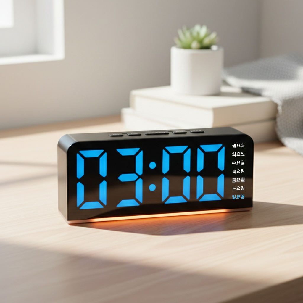 사시한사 인테리어 무소음 LED 한국어 요일 표시 탁상시계 알람시계, 블랙 44,990원