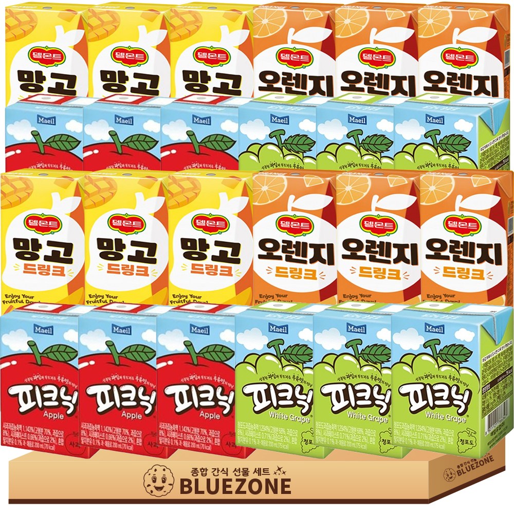 [블루존] 델몬트 매일 과일주스 음료 세트 매일 피크닉 사과6 청포도6 델몬트 오렌지6 망고6, 24개, 190ml 50,000원
