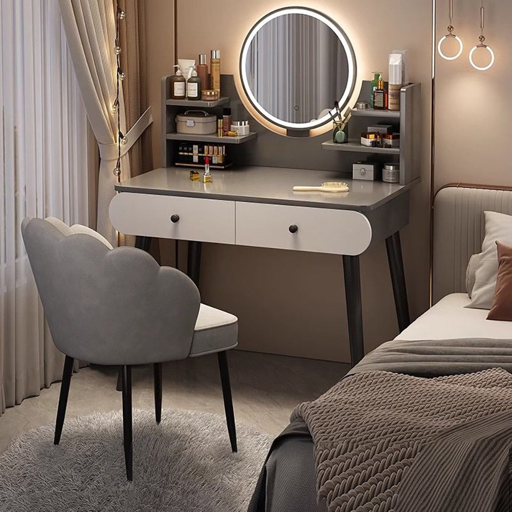 침실 600/800/1000 입식 서랍 수납 LED 거울 화장대, 그레이+LED 거울(+의자B) 185,000원