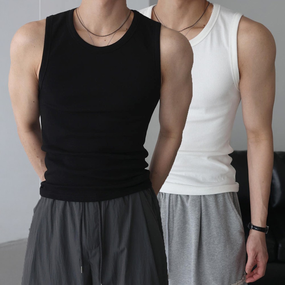 베이직바이블 [1+1]남자 골지 나시 민소매 고탄력 스판 머슬핏 짐웨어 탄탄한 티셔츠 29,900원