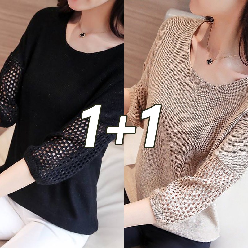 1+1 SET 여성 라운드 펀칭 블라우스 상의 봄여름 얇은 시원한 칠부티 반팔티 풀오버 23,380원