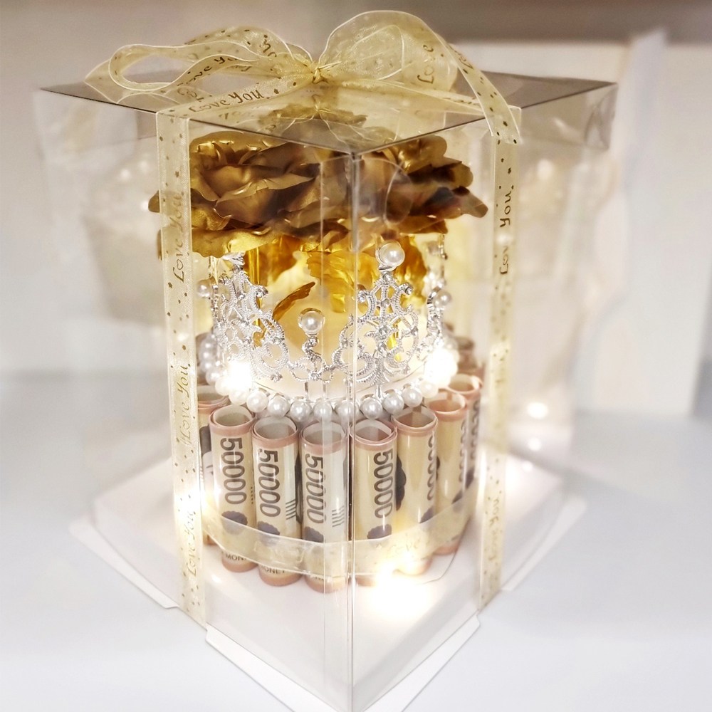 용돈박스 비누꽃 생신 생일 용돈 (왕관돈케이크 + 전용쇼핑백 + 페이크머니 + LED전구) 25,190원